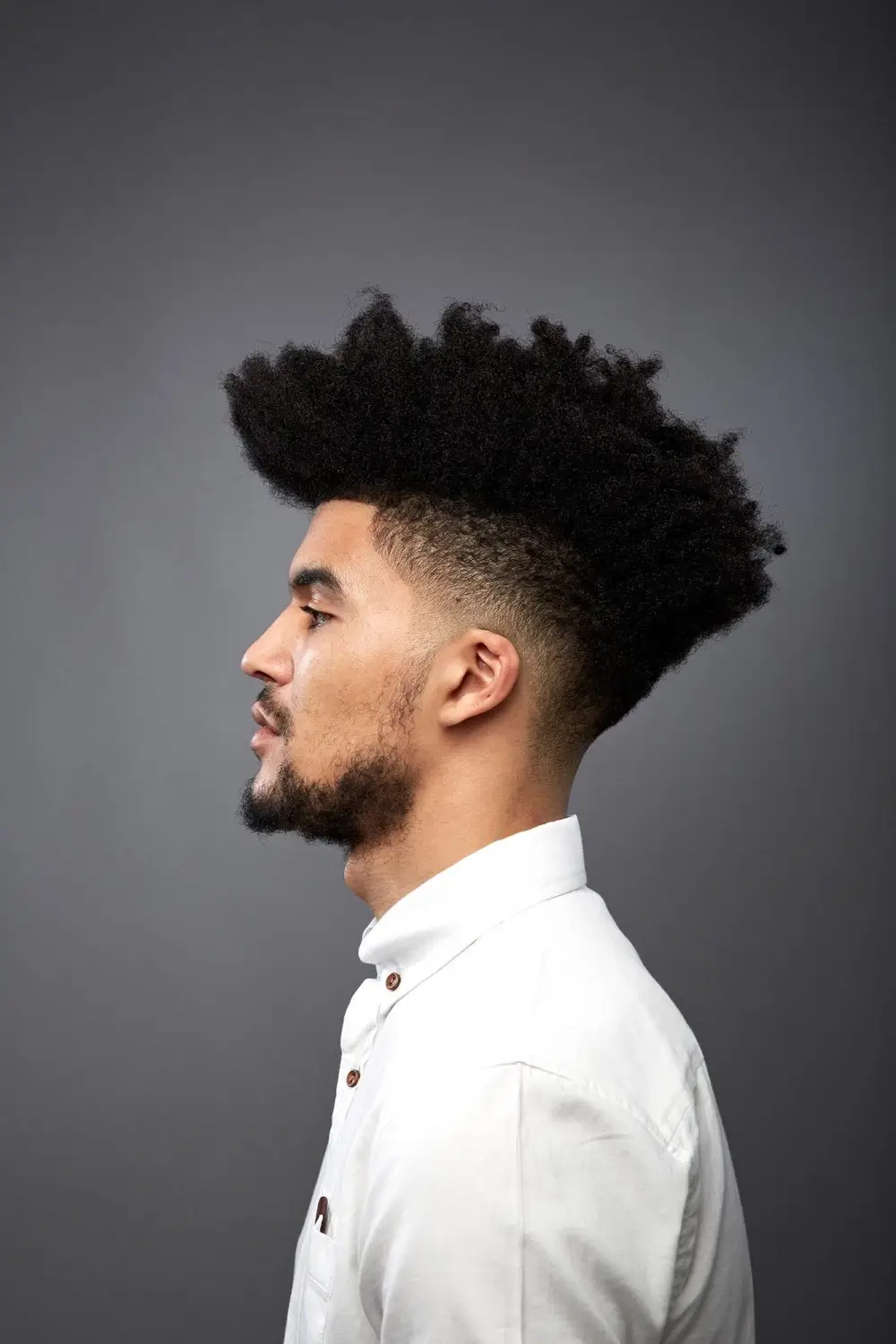 Man with high top afro with beard and white shirt looking left